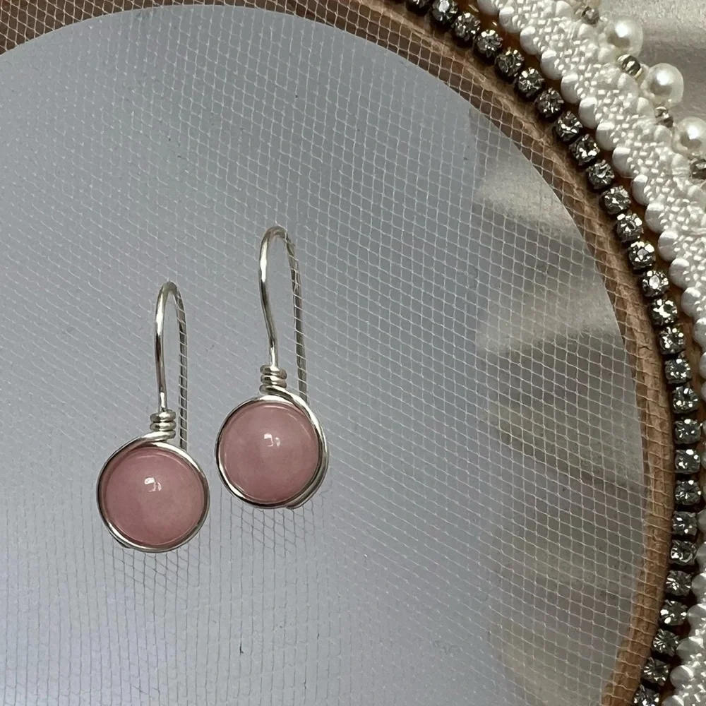 Rose Quartz Wire Wrapped Minimalist Earrings in Pink & Silver - Picture 5 of 13